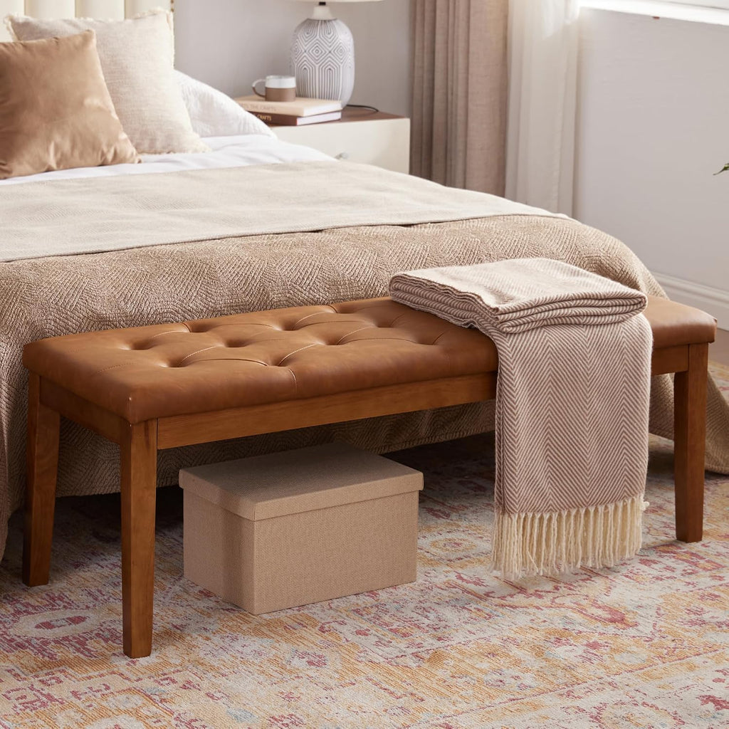 Ottoman Bench Upholstered Padded Seat with Solid Wood Legs and Button-Tufted, Big Oversized Ottoman, Faux Leather Cognac Brown