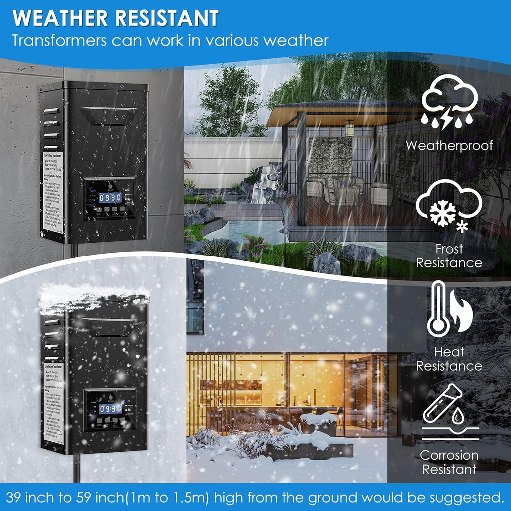 600W Low Voltage Landscape Transformer with Timer & Photocell for Landscape Lighting, 120V to 12V/15VAC, Stainless Steel, Weatherproof for Outdoor Landscape Lights,Yard Lights,Garden Lights