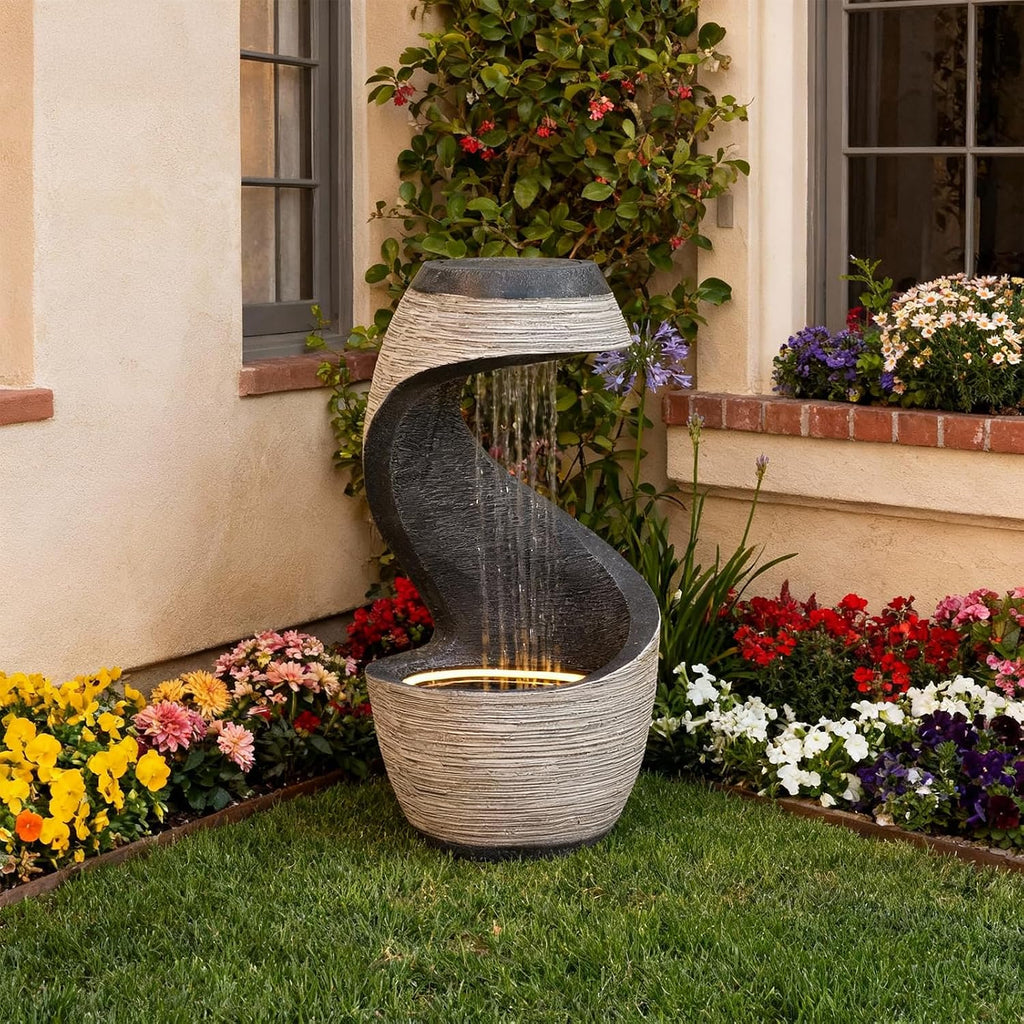 Sunlinua 37' Tall S-Shaped Outdoor Waterfall Fountain – Rainfall Water Fountain for Garden, Patio or Backyard Decor, Floor-Standing Resin Garden Fountains Water Feature with Flat Top for Plant Display