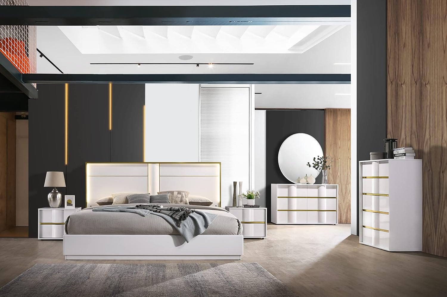 Havana 5-Piece Modern Bedroom Set with Bed, 6-Drawer Dresser, Circle Mirror, 2 Two-Drawer Nightstands, White Lacquered Wood with Gold Trim, LED Headboard, Contemporary Furniture, (California King)
