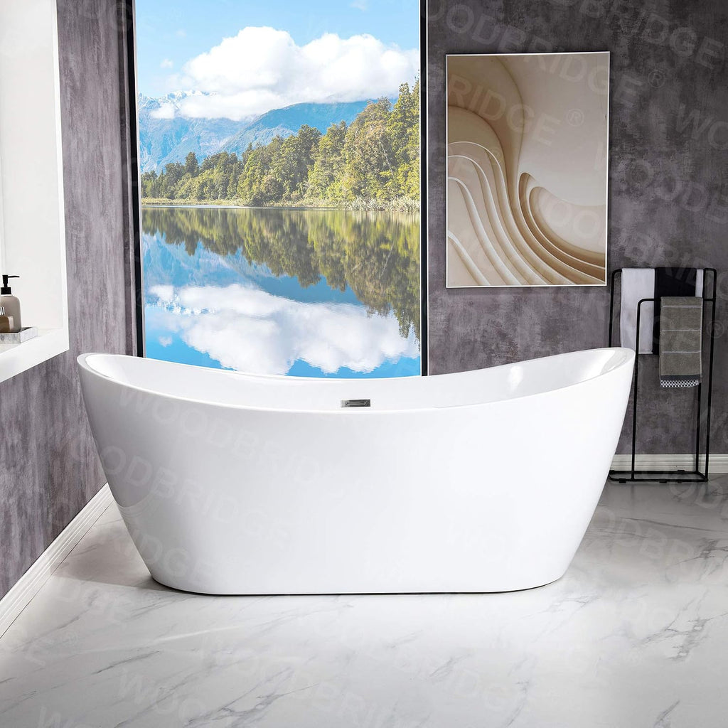 WOODBRIDGE 71' Acrylic Freestanding Bathtub Contemporary Soaking White Tub with Chrome Overflow and Drain，BTA1517-C-Drain-&O