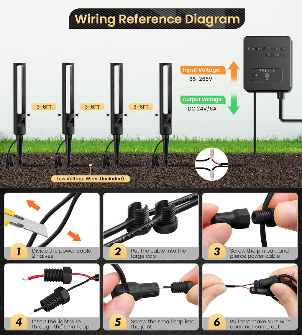 MEIKEE 5W Low Voltage Path Lights, 12-24V Auto On/Off Landscape Lighting with 120W Transformer 100FT Cord, 2700K Warm White, IP66 Waterproof, Aluminum Garden Lights for Pathway, Yard, Lawn 12-Pack