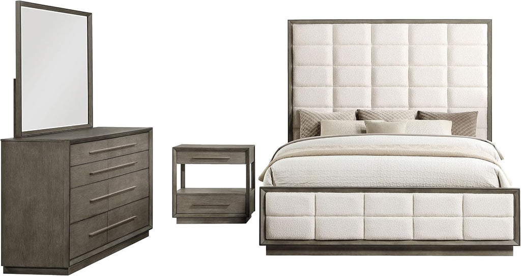 Coaster Home Furnishings Durango Transitional 4-Piece Bedroom Set Boucle Upholstered Queen Size Panel Bed Frame 77-inch Headboard Washed Oak 223271Q-S4
