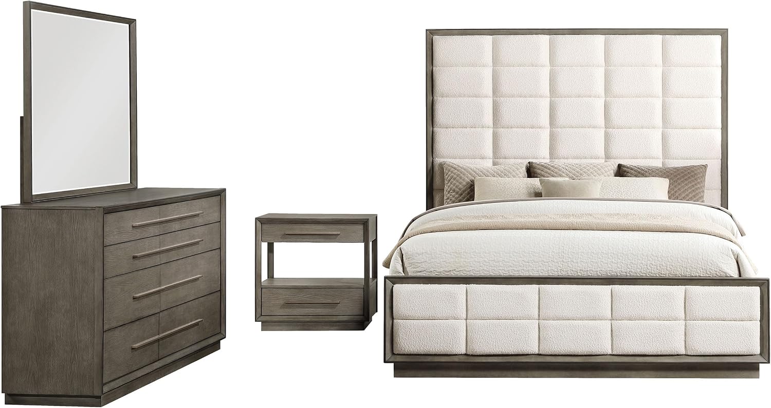 Coaster Home Furnishings Durango Transitional 4-Piece Bedroom Set Boucle Upholstered Queen Size Panel Bed Frame 77-inch Headboard Washed Oak 223271Q-S4