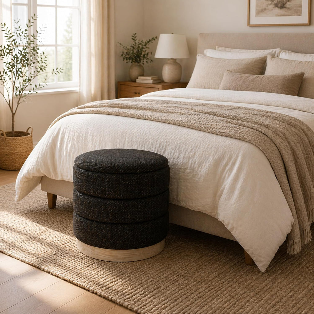 Ottoman Collection Stylish Linen Cylinder Storage Chocolate Round Footrest Vanity Stool Furniture Living Room Small Bench 16' L X16 W X 17' H