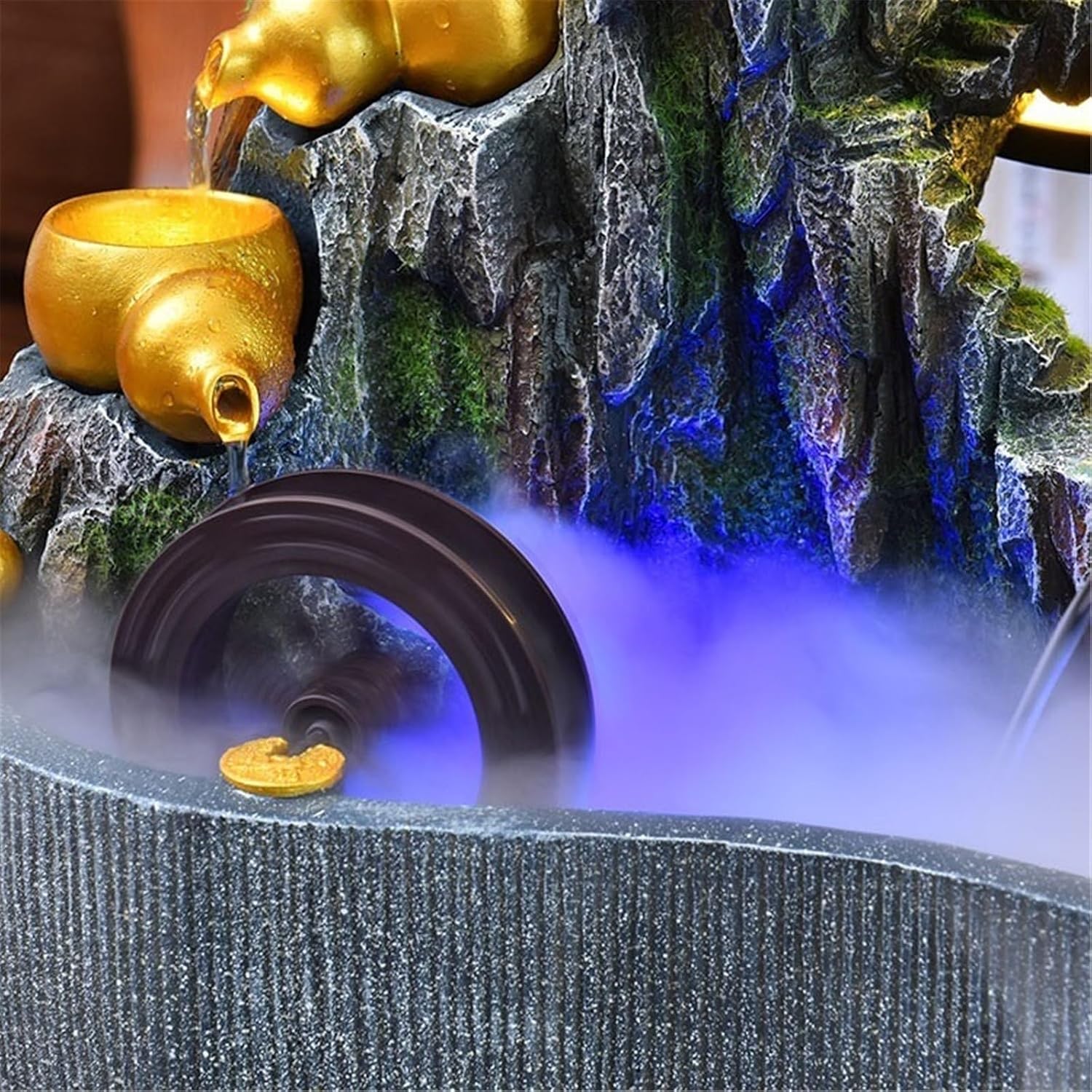 Tabletop Fountain Indoor Water Features Rockery Waterfall Plants Desktop Fountain for Relaxation(Large)