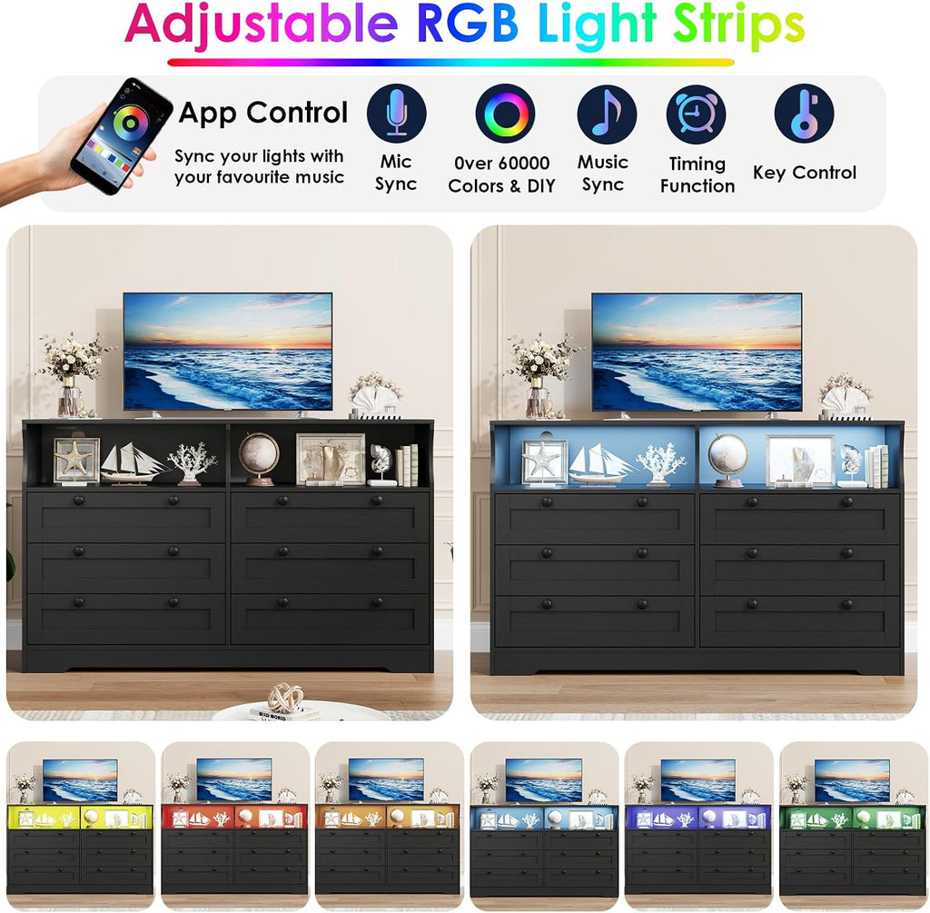 GarveeLife Black Dresser for Bedroom with 6 Drawers, Large Wooden Bedroom Dressers with Power Outlet and Led Lights, 55 in Wide TV Dresser, Wood Modern 6 Drawers Dressers & Chests of Drawers for Room