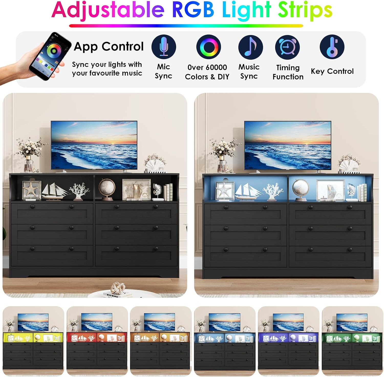 GarveeLife Black Dresser for Bedroom with 6 Drawers, Large Wooden Bedroom Dressers with Power Outlet and Led Lights, 55 in Wide TV Dresser, Wood Modern 6 Drawers Dressers & Chests of Drawers for Room