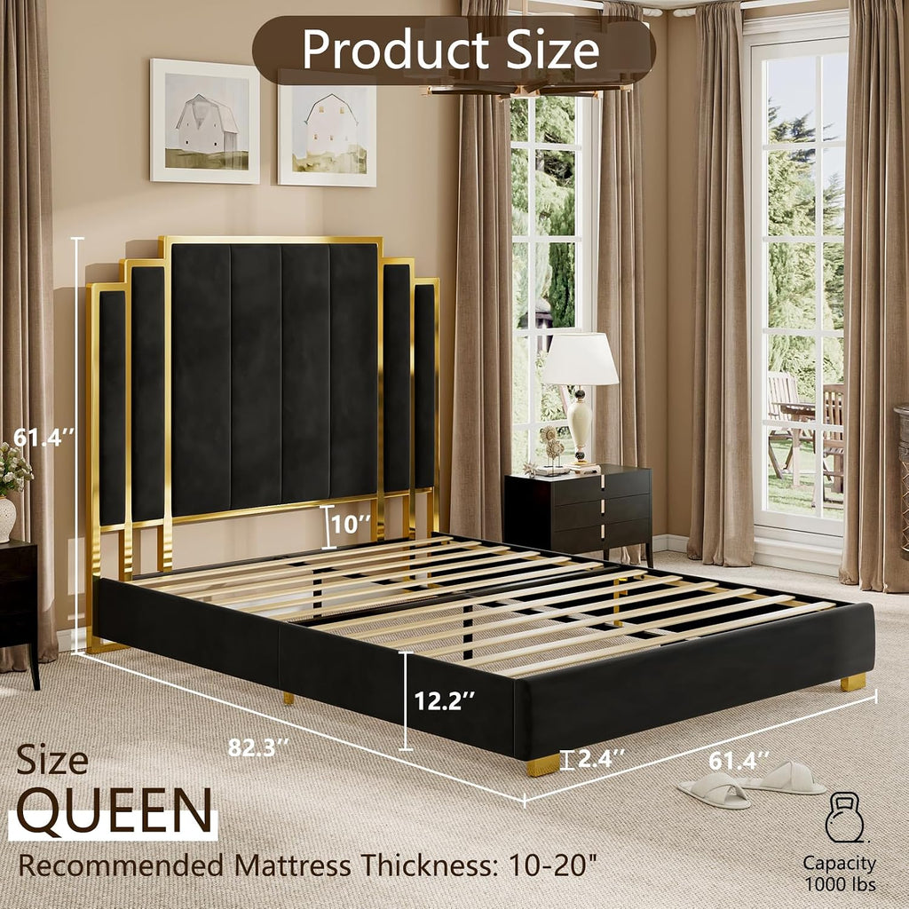 YUMPIE Queen Size Platform Bed Frame with 61' Extra Tall Headboard, Velvet Upholstered Bed with Golden Plating Trim, Wooden Slats/No Box Spring Needed/Noisy Free/Black