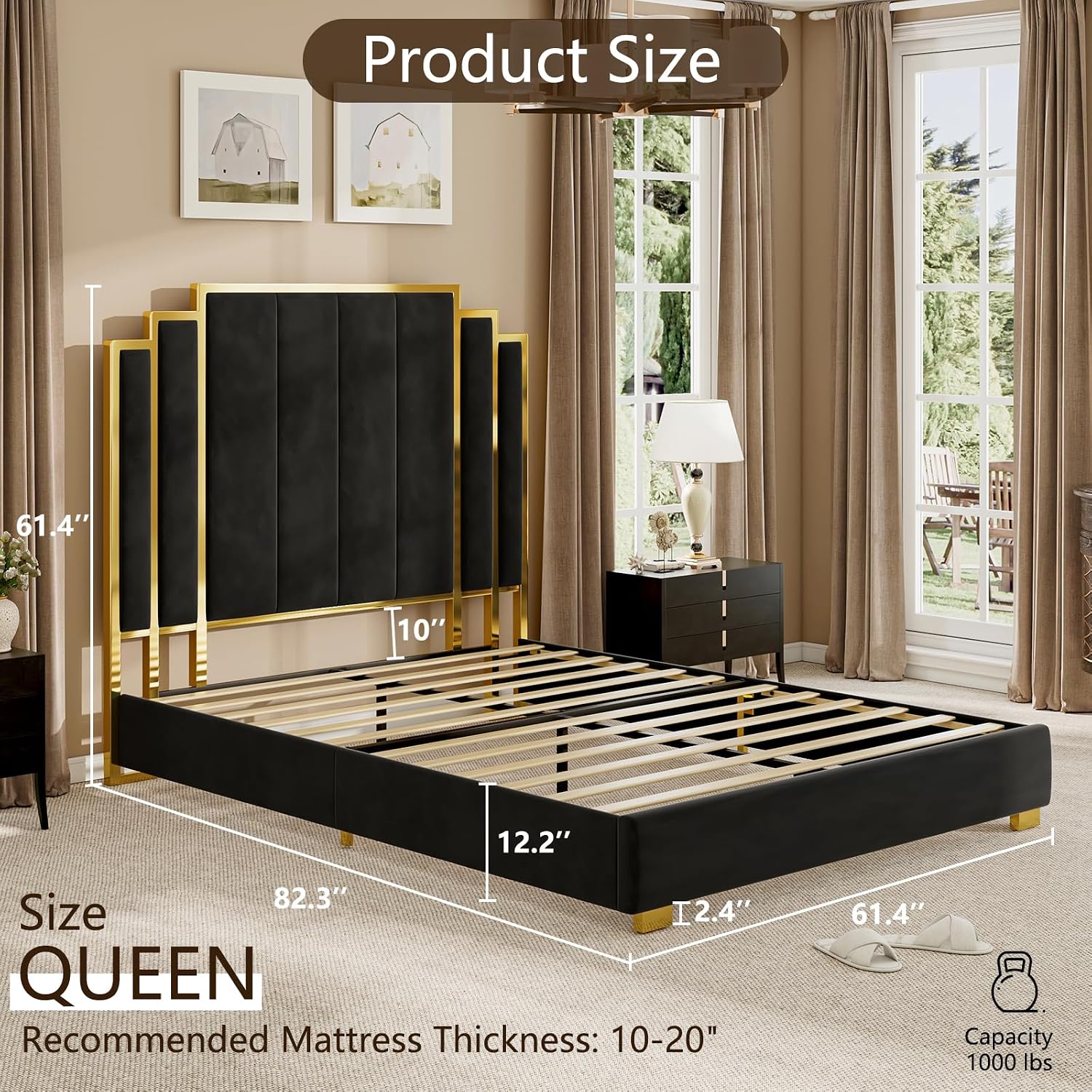 YUMPIE Queen Size Platform Bed Frame with 61' Extra Tall Headboard, Velvet Upholstered Bed with Golden Plating Trim, Wooden Slats/No Box Spring Needed/Noisy Free/Black