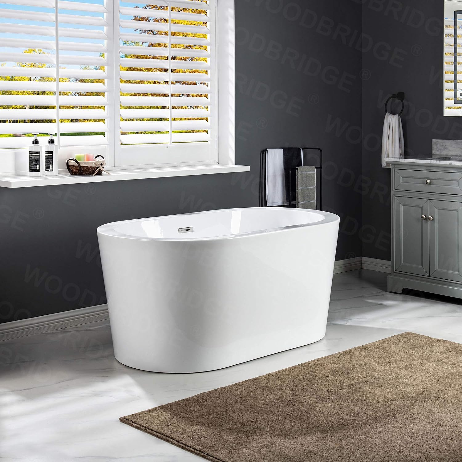 WOODBRIDGE 56' Acrylic Freestanding Bathtub Contemporary Soaking White Tub with Chrome Overflow and Drain，B0088-C-Drain&O