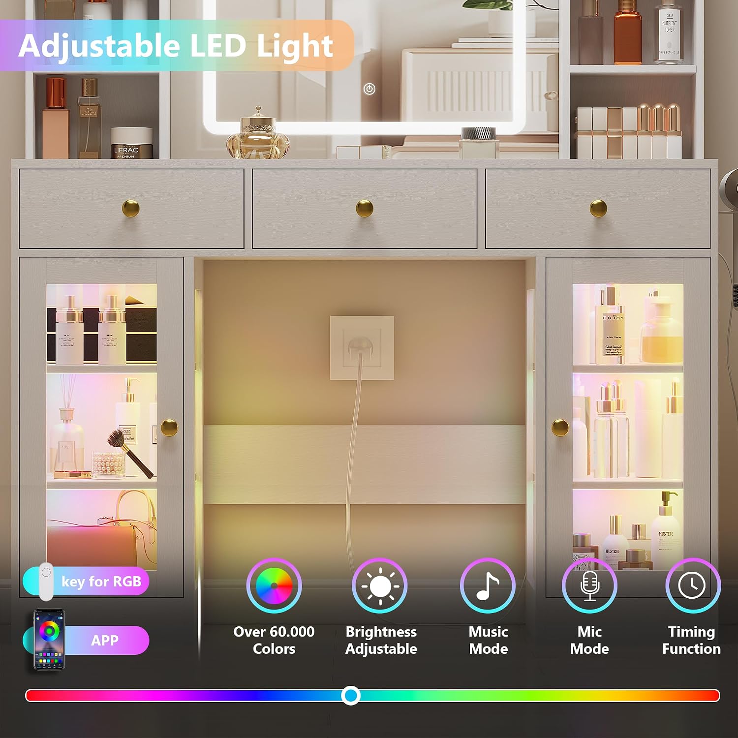 White Vanity Desk with Mirror and Lights, Glass Top Vanity with Lighted Mirror & RGB Cabinet and 3 Drawers, Dressing Table with 8 Shelves, Makeup Desk with Lights for Girls Bedroom, 3 Color Modes