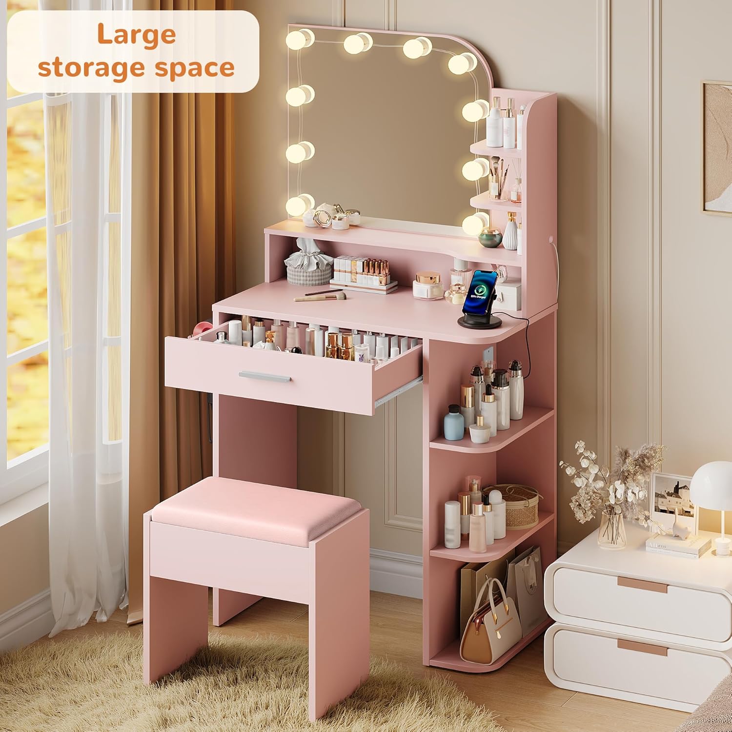 wanan Makeup Vanity with Chair, Small Vanity Desk with Mirror and Lights 3 Colors, Girls Vanity Set with Power Outlet, Compact Vanity Table for Small Space, Pink