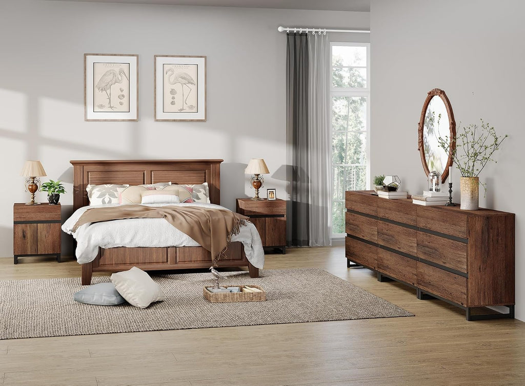 WAMPAT 3-Piece Modern Bedroom Furniture Set, 94.5-Inch Dresser with 9 Drawers and 2 Nightstands Featuring Drawer and Cabinet Design, Bedroom Set of 3, Brown