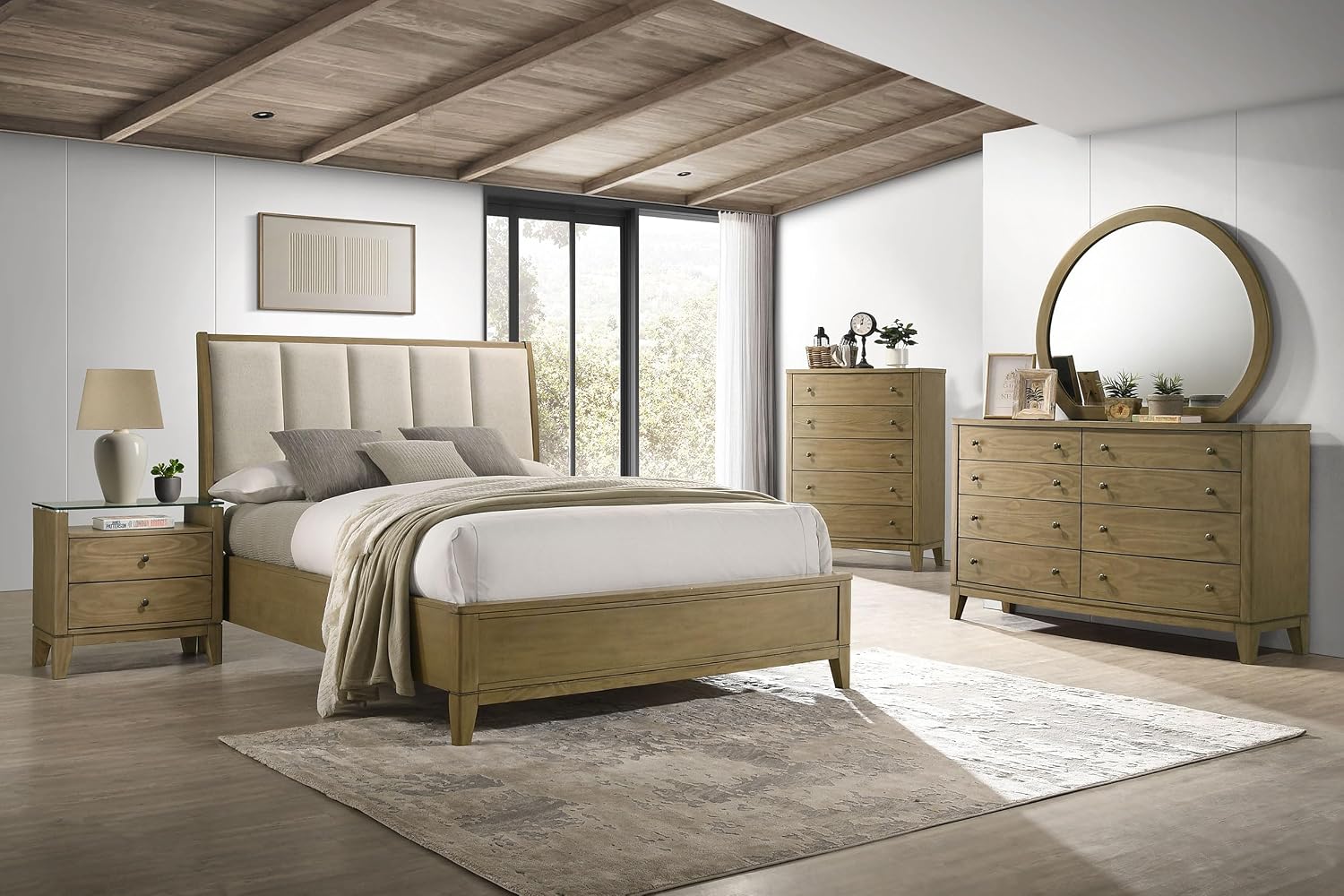 Coaster Home Furnishings Granada Transitional 5-Piece Bedroom Set Fabric Upholstered Eastern King Size Panel Bed Frame 53-inch Headboard Natural Pine 224921KE-S5