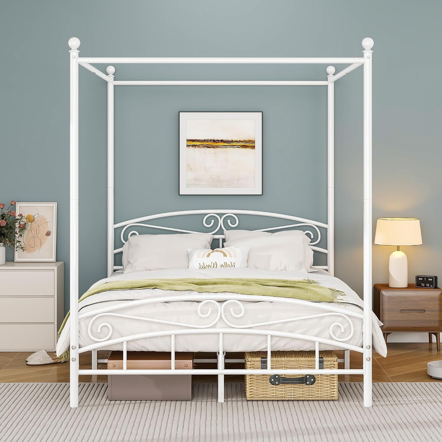 Metal Canopy Bed Frame with Headboard & Footboard Mattress Foundation Sturdy Slatted Structure No Box Spring Needed Easy Assembly, Queen White