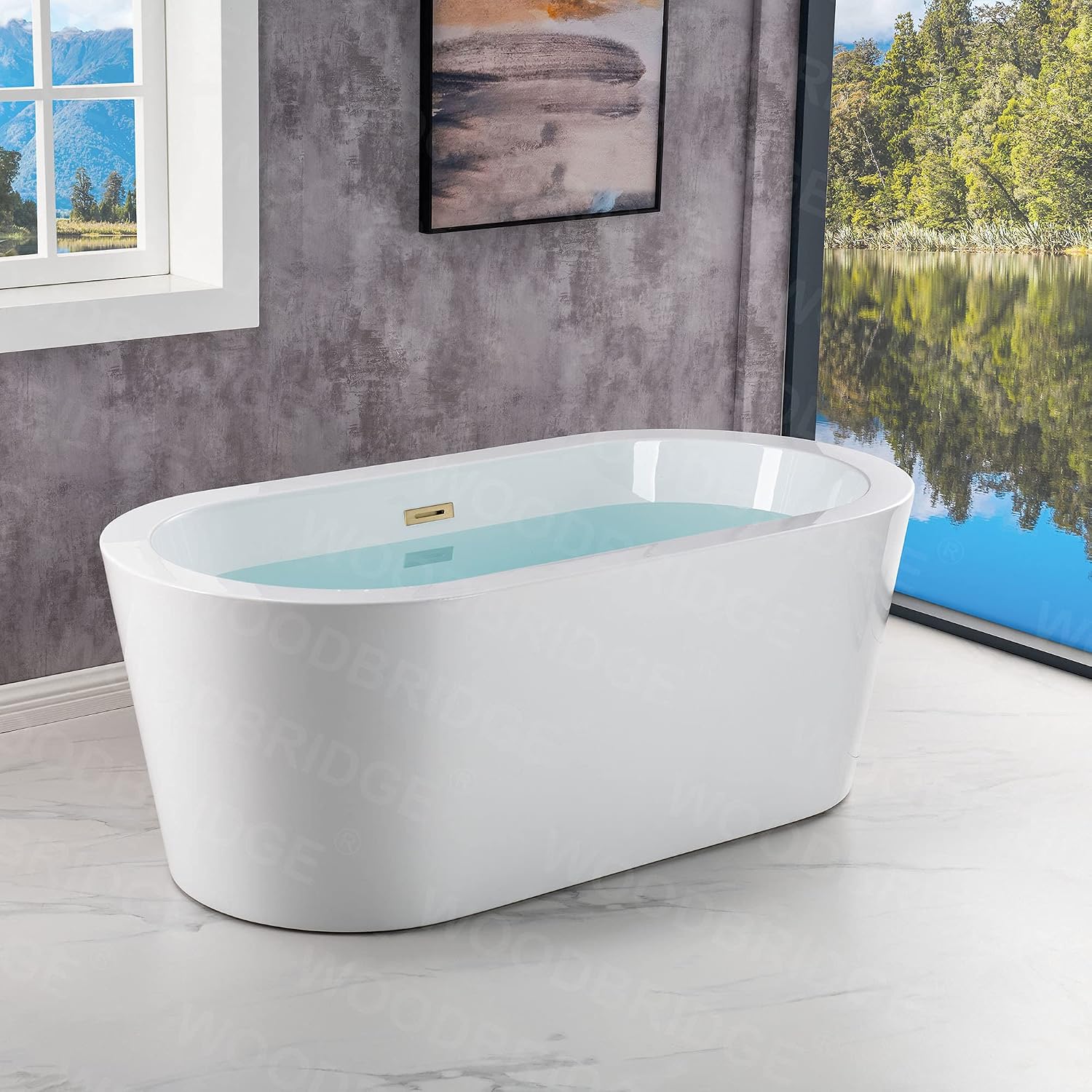 WOODBRIDGE 59' Acrylic Freestanding Bathtub Contemporary Soaking White Tub with Brushed Gold Overflow and Drain，B0012 -BG-Drain &O