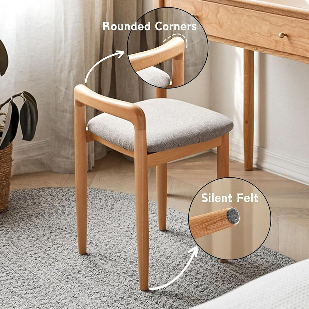 Vanity Desk Stool Chair with Back, 16' H Natural Beech Wood Makeup Vanity Chair, Small Cute Vanity Bench Seat with Soft Cushion, Dressing Ottoman for Makeup Room, Bedroom, Living Room