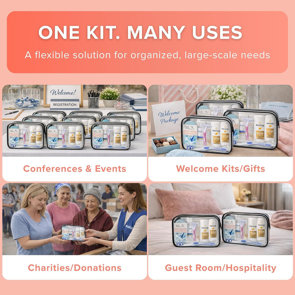 Bulk Women's Hygiene Kits 15 Piece Travel Toiletry Kit with Shampoo Conditioner Body Wash Lotion Deodorant Razor Toothbrush Toothpaste Comb Flossers Swabs Bandages Wipes