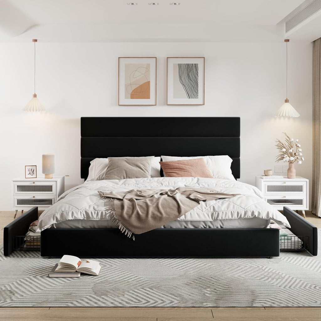 Allewie Modern King Size Platform Bed Frame with 4 Storage Drawers and Velvet Upholstered Headboard, Wooden Slats Support, Upholstered Mattress Foundation/No Box Spring Needed/Easy Assembly, Black