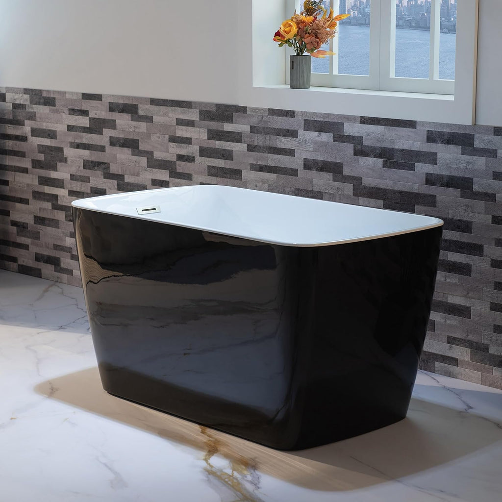 WOODBRIDGE 48' Acrylic Freestanding Square Shape Janpanese Soaking Tub with Pre-molded Seat and Brushed Nickel Pop-UP Drain and Overflow Option, Black, B1870