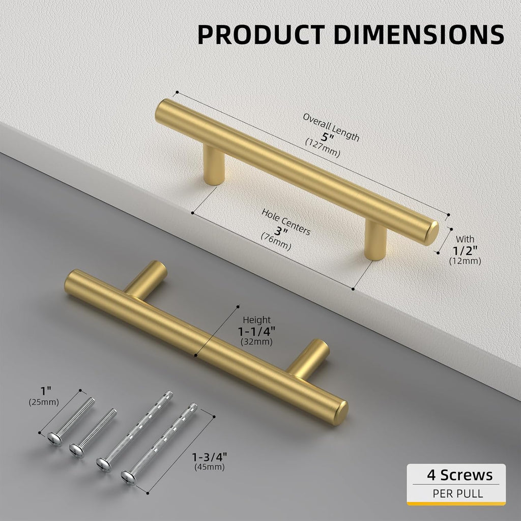 Goldenwarm 100 Pack 3 inch Gold Cabinet Handles Brushed Gold Cabinet Pulls Stainless Steel Drawer Pulls, Durable Kitchen Cabinet Handles - Bathroom Bedroom Dresser Handles Easy DIY Upgrade