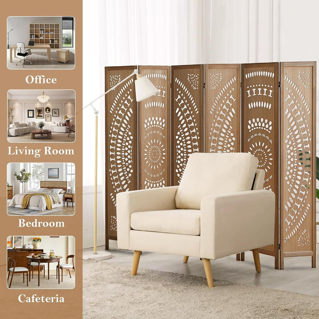 Room Dividers and Folding Privacy Screens, Boho 6 Panel Room Divider, 67' Room Divider Wall, Modern Room Partition, Privacy Dividers for Rooms, Bedroom, Office, Brown