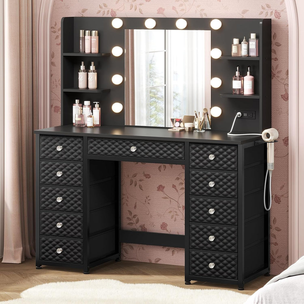 HAUOMS Vanity with Lights and Mirror, 11 Drawer Makeup Vanity with Power Strip, 6 Open Shelves, 43.3' Vanity Desk with Storage, Dressing Table with 3 Color Modes for Bedroom, Women, Girls, Black
