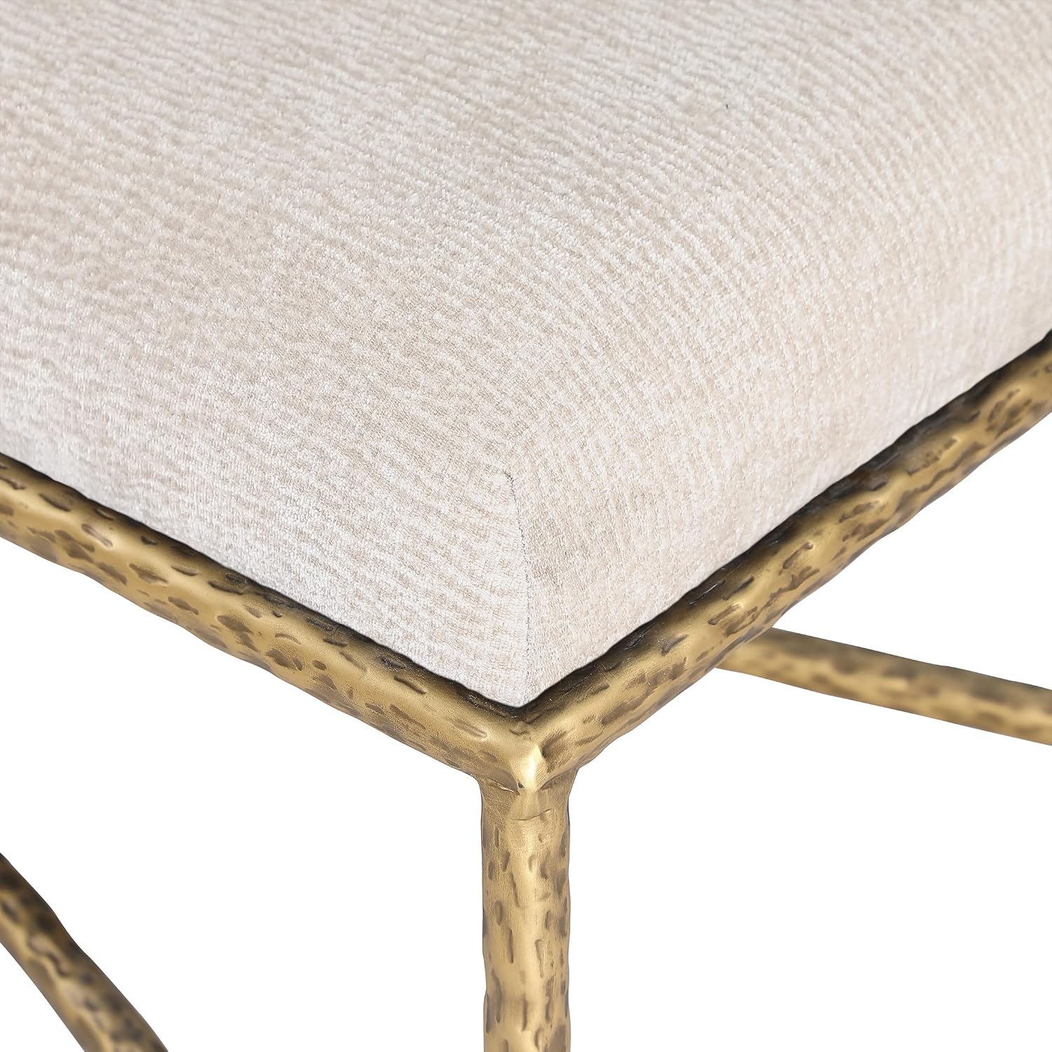 Meridian Furniture 22061Beige Valley Collection Modern | Contemporary Bench with Soft Beige Chenille Fabric, Brushed Brass Forged Iron Metal Legs and Frame, 25' W x 18' D x 18' H, Beige