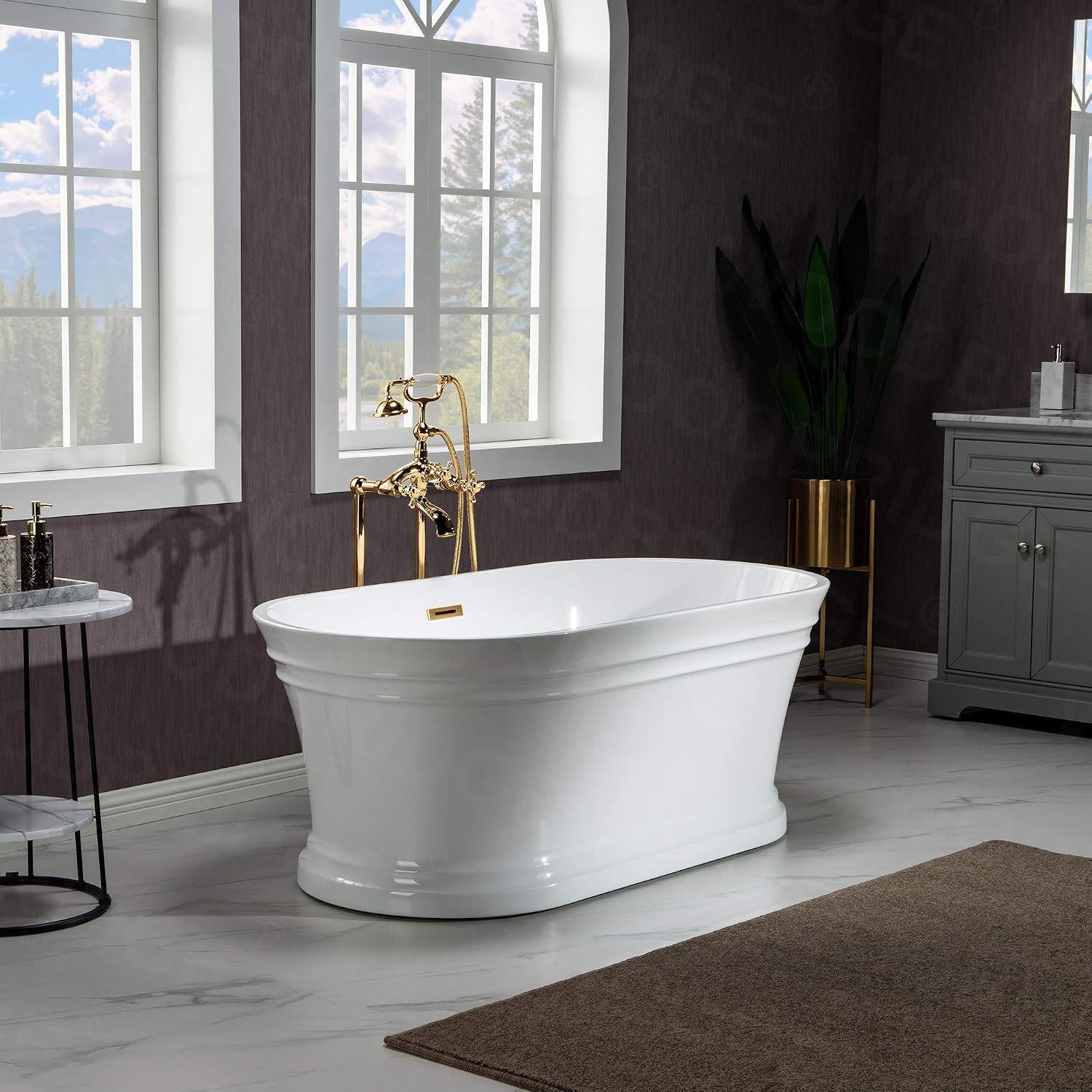 WOODBRIDGE 59'Freestanding White Acylic Soaking Bathtub with White Pillow,Drain and Overflow inBrushed Gold,BTA1536 -BG-Drain &O+ Pillow