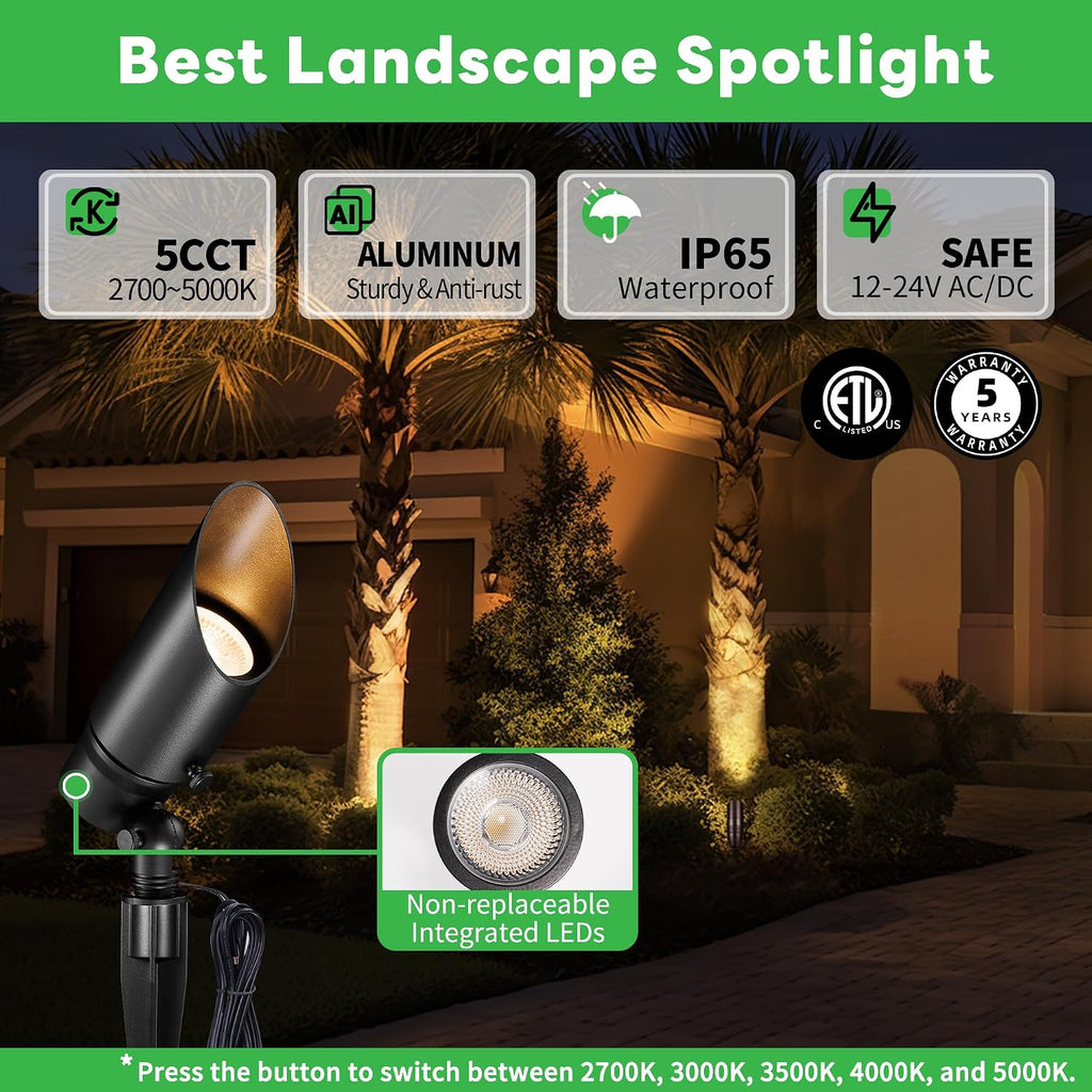 Landscape Spotlights Low Voltage - Warm & Cool White Uplight Adjustable Temp, 12V Outdoor LED Spot Lights Wired, IP65 Waterproof Aluminum, Black for Exterior House Tree Garden Yard