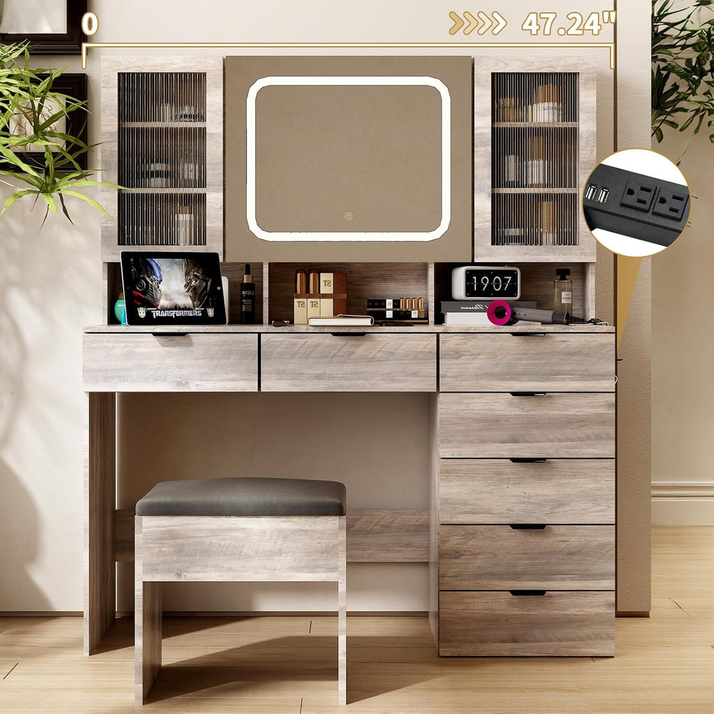 VINGLI Vanity Desk with LED Lighted Mirror & Padded Bench, Makeup Set with 7 Drawers & 2 Clear Glass Cabinets & 1 Hidden Mirror Cabinet & 3 Storeroom & Charging Station for Bedroom, Grey