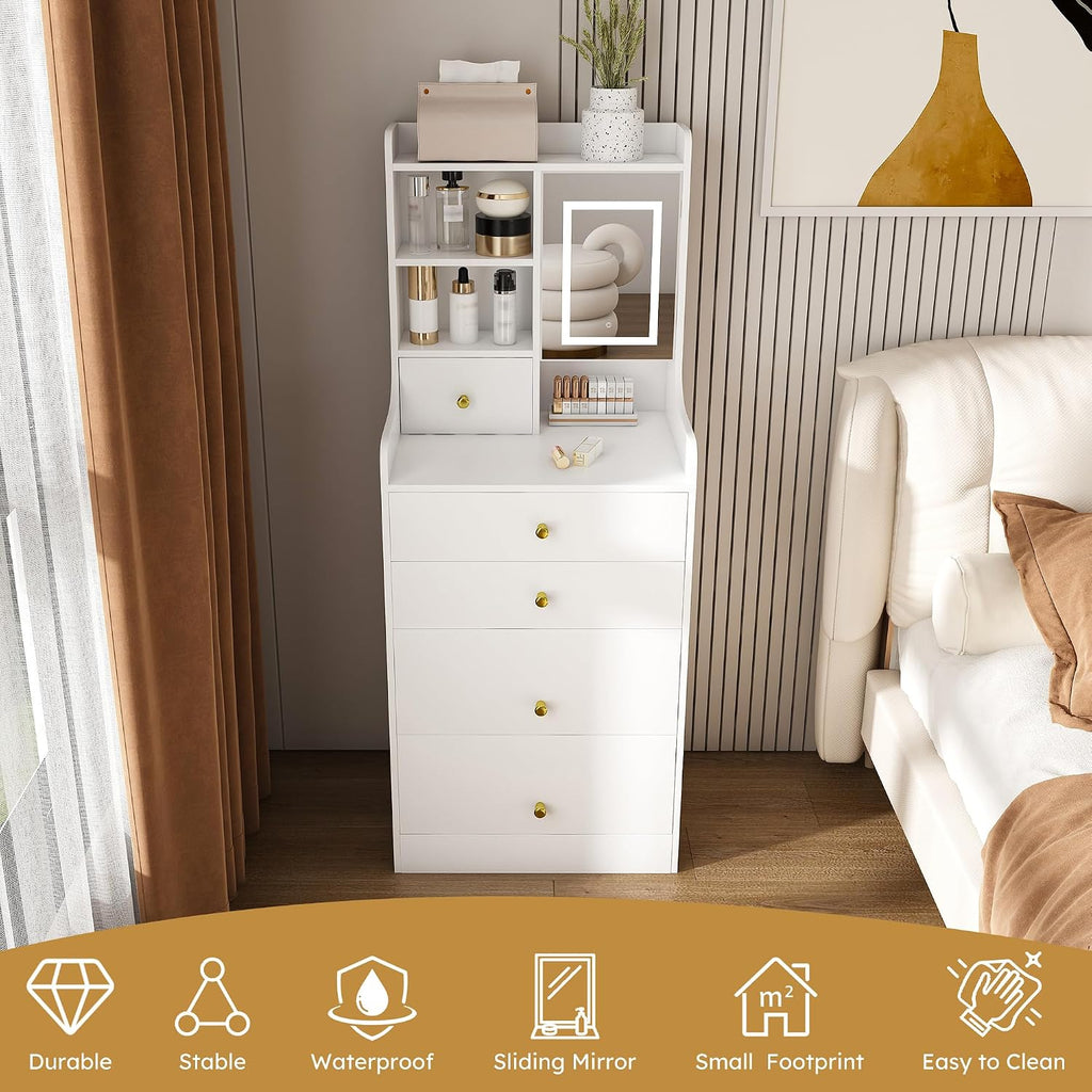 3-in-1 Vanity Desk with LED Mirror and Lights, Compact Makeup Vanity Table with 4 Drawers, Storage Cabinet, Hidden Stool & Shelves for Bedroom, White