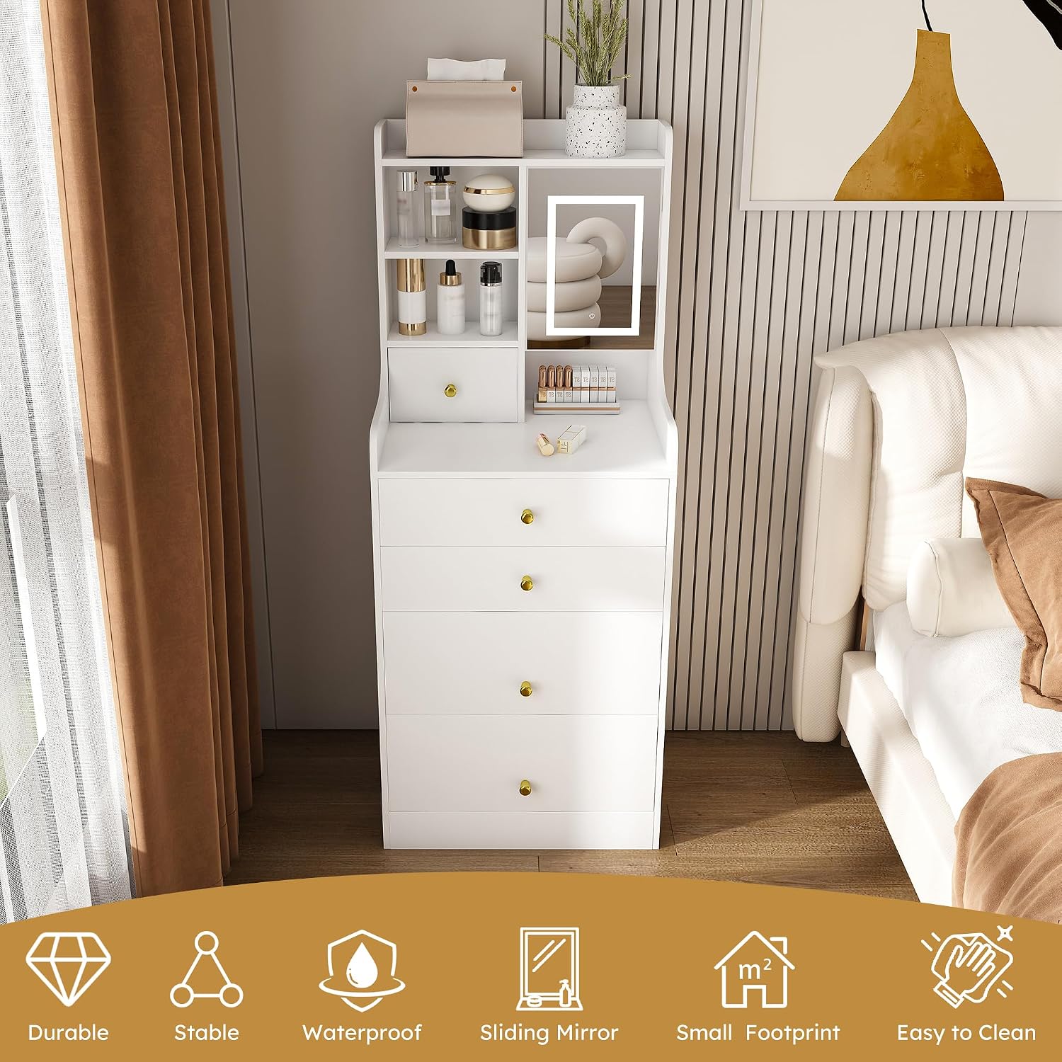3-in-1 Vanity Desk with LED Mirror and Lights, Compact Makeup Vanity Table with 4 Drawers, Storage Cabinet, Hidden Stool & Shelves for Bedroom, White