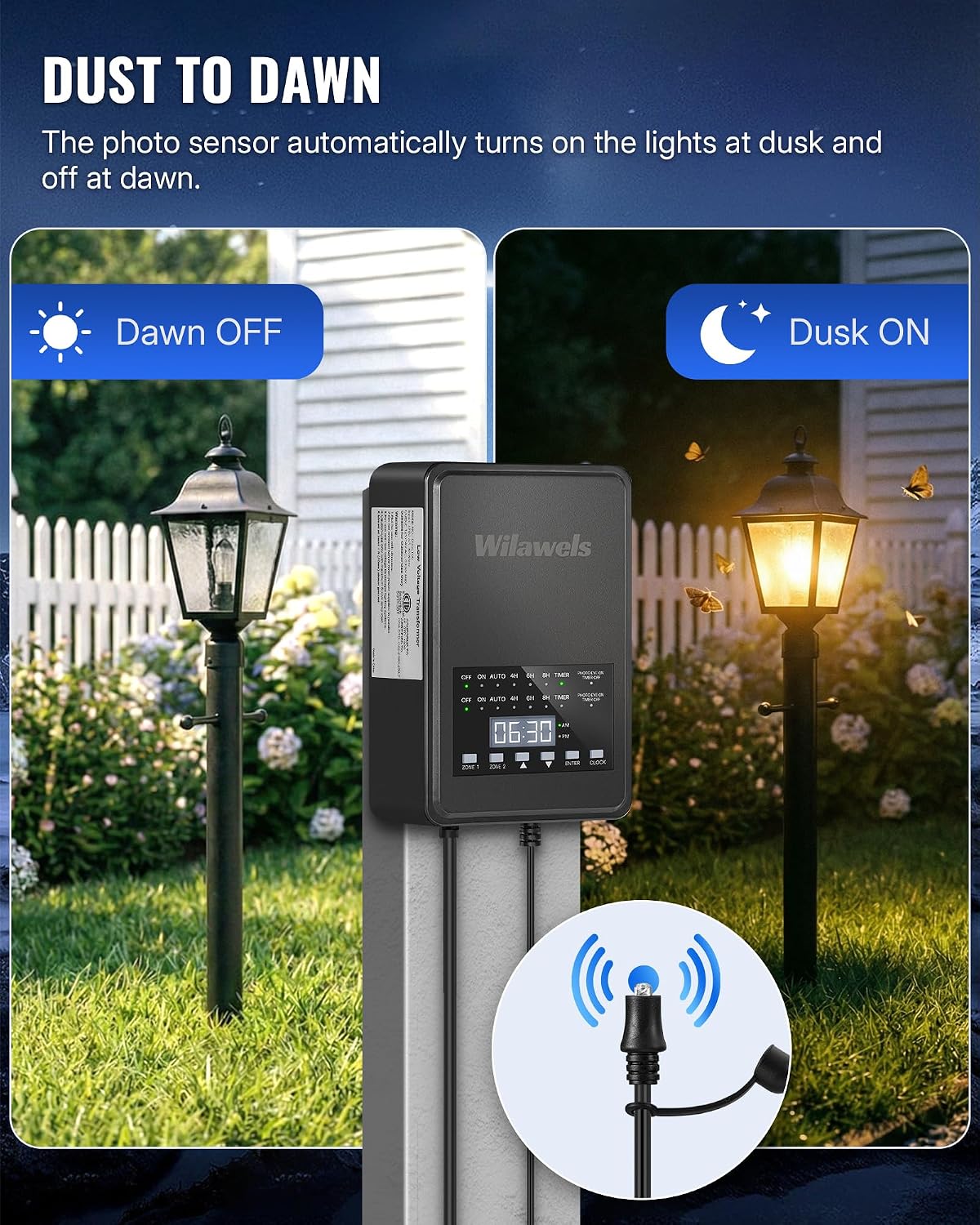 500W Low Voltage Landscape Transformer, 2 Zone Independent Control 120VAC to 12/14V AC Low Voltage Transformer, Landscape Lighting Transformer with Timer & Photocell Sensor ETL Listed D29LT06