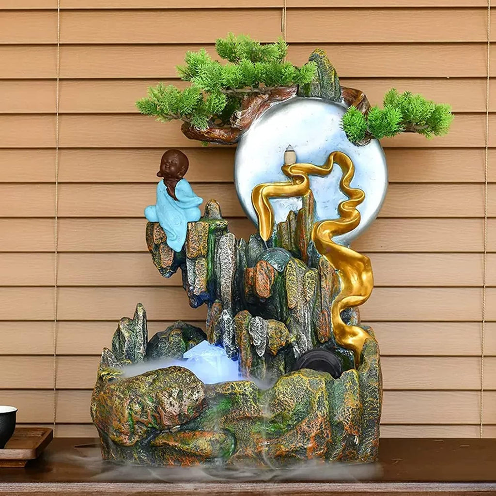 Desktop Fountain Tabletop Water Fountain, Indoor Waterfall with Mist Maker and Resin Artificial Trees, Small Buddha Statues, Moon Sculptures for Home Office Decor