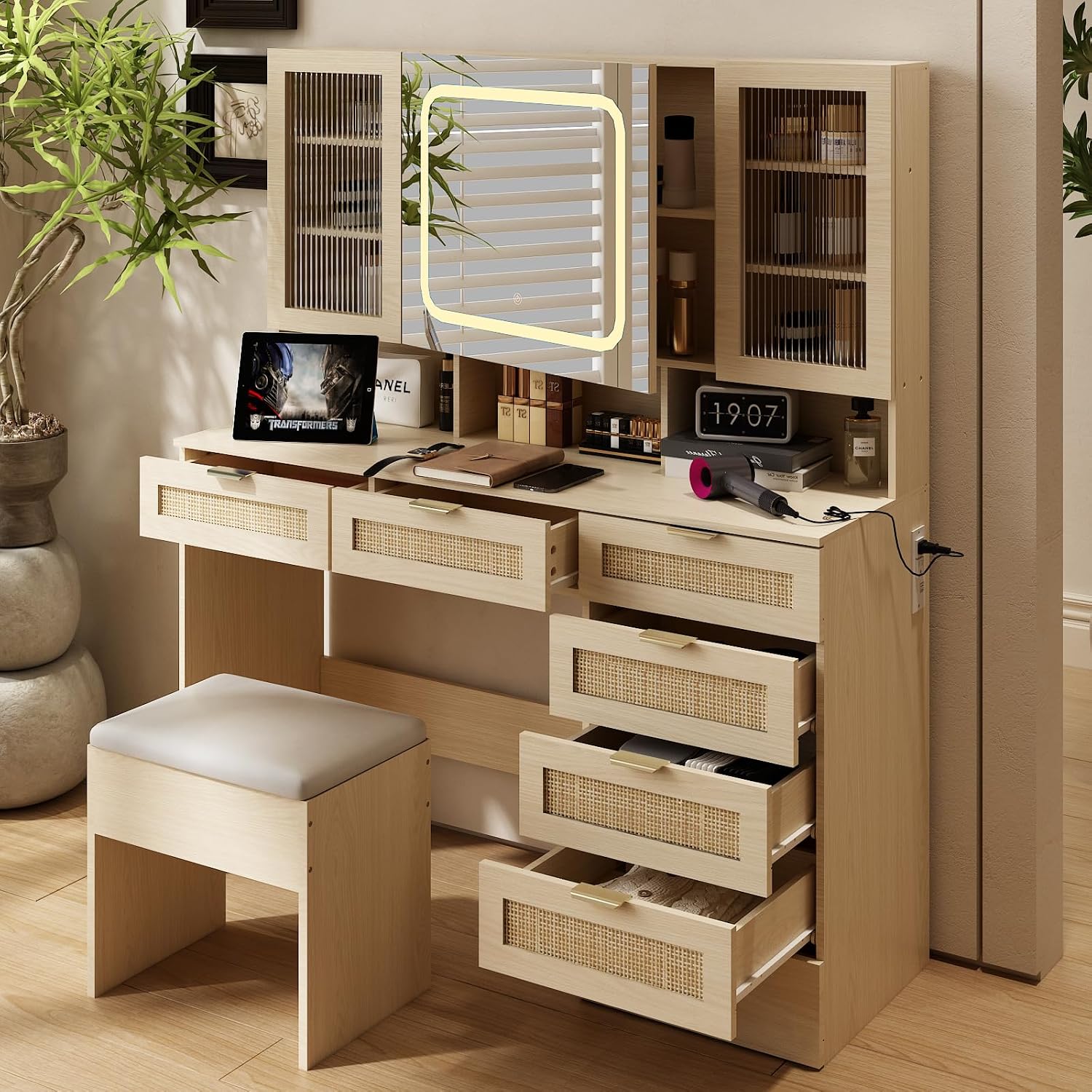VINGLI Vanity Desk with LED Lighted Mirror & Padded Bench, Makeup Set with 7 Drawers & 2 Clear Glass Cabinets & 1 Hidden Mirror Cabinet & 3 Storeroom & Charging Station for Bedroom, Natural