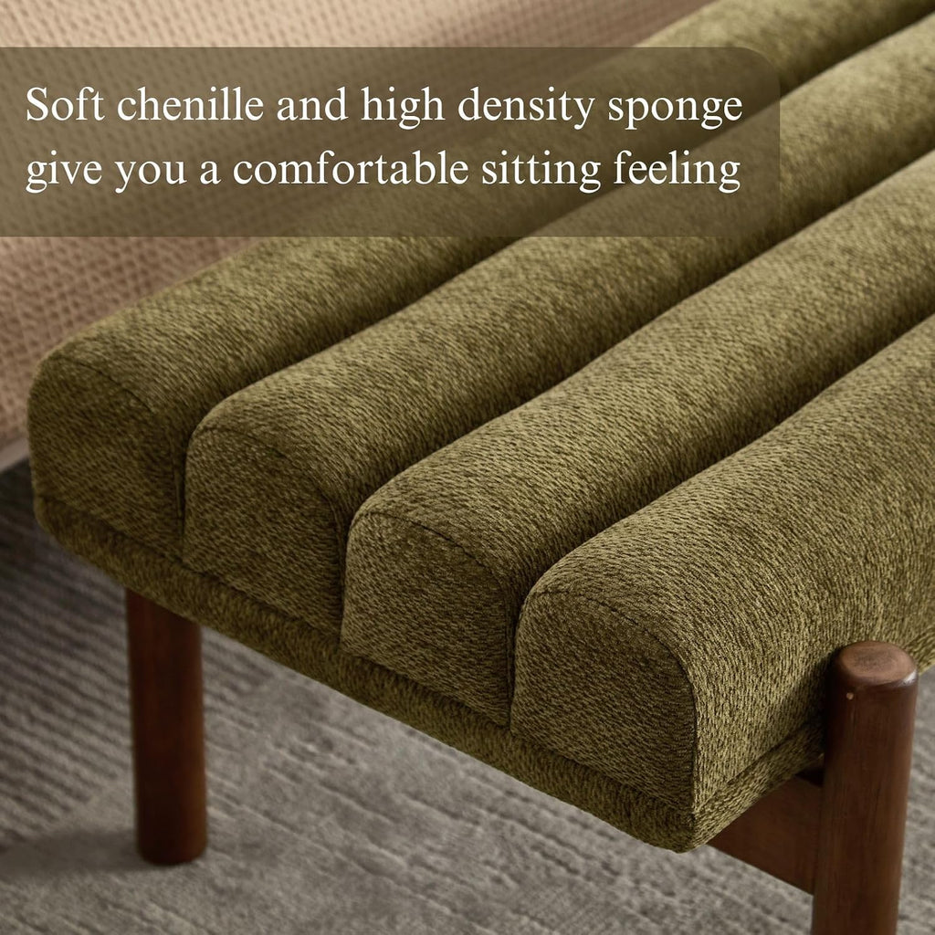 ROCITY Green Upholstered Bench Modern End of Bed Bench Chenille Fabric Bedroom Bench for Entryway Living Room Vanity Makeup Room, 47' Long, Wooden Legs
