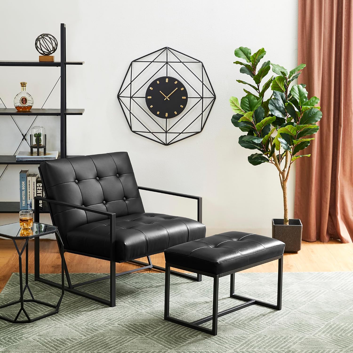 Glitzhome Ottoman Bench Pack of 2, Modern PU Leather Vanity Stools Chairs with Metal Frame, Makeup Stool Padded Foot Rest Stool for Living Room Vanity, Entryway, Bathroom, Black