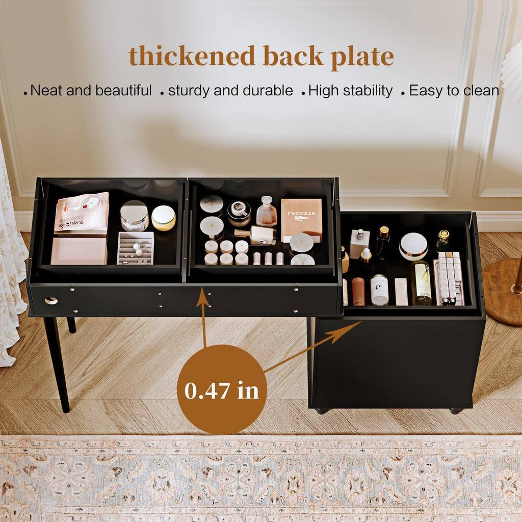 Ieejdn Black,Vanity Desk with Mirror and Lights,Makeup Vanity with Power Outlet and Adjustable Cabinet,Modern Makeup Table with 3 Drawers for Bedroom Makeup Room