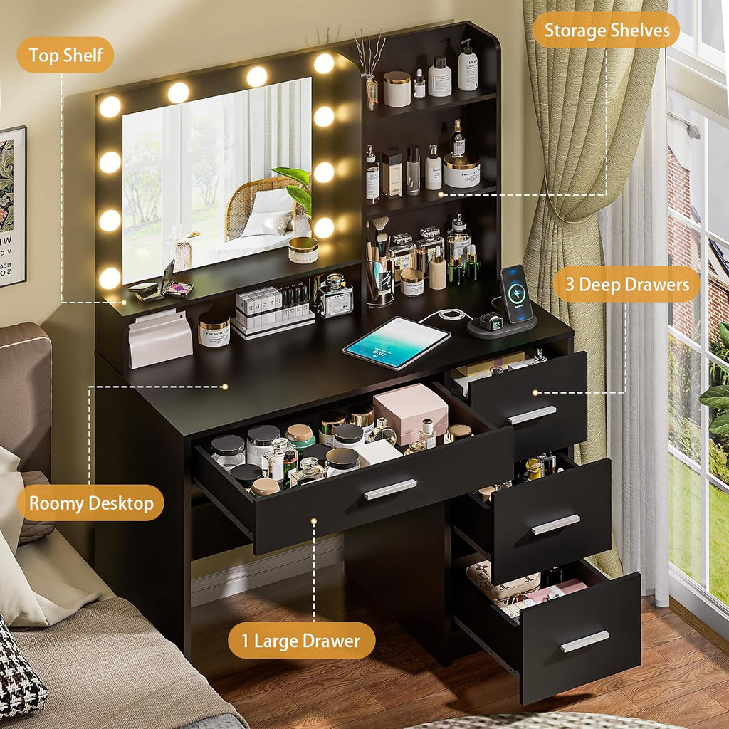 Vanity Desk with Lighted Mirror, Black Vanity with 4 Drawers,Makeup Vanity with Storage Shelves and Power Outlet,10 Lights with 3 Color Modes Brightness Adjustable for Girls' Bedroom (Black)