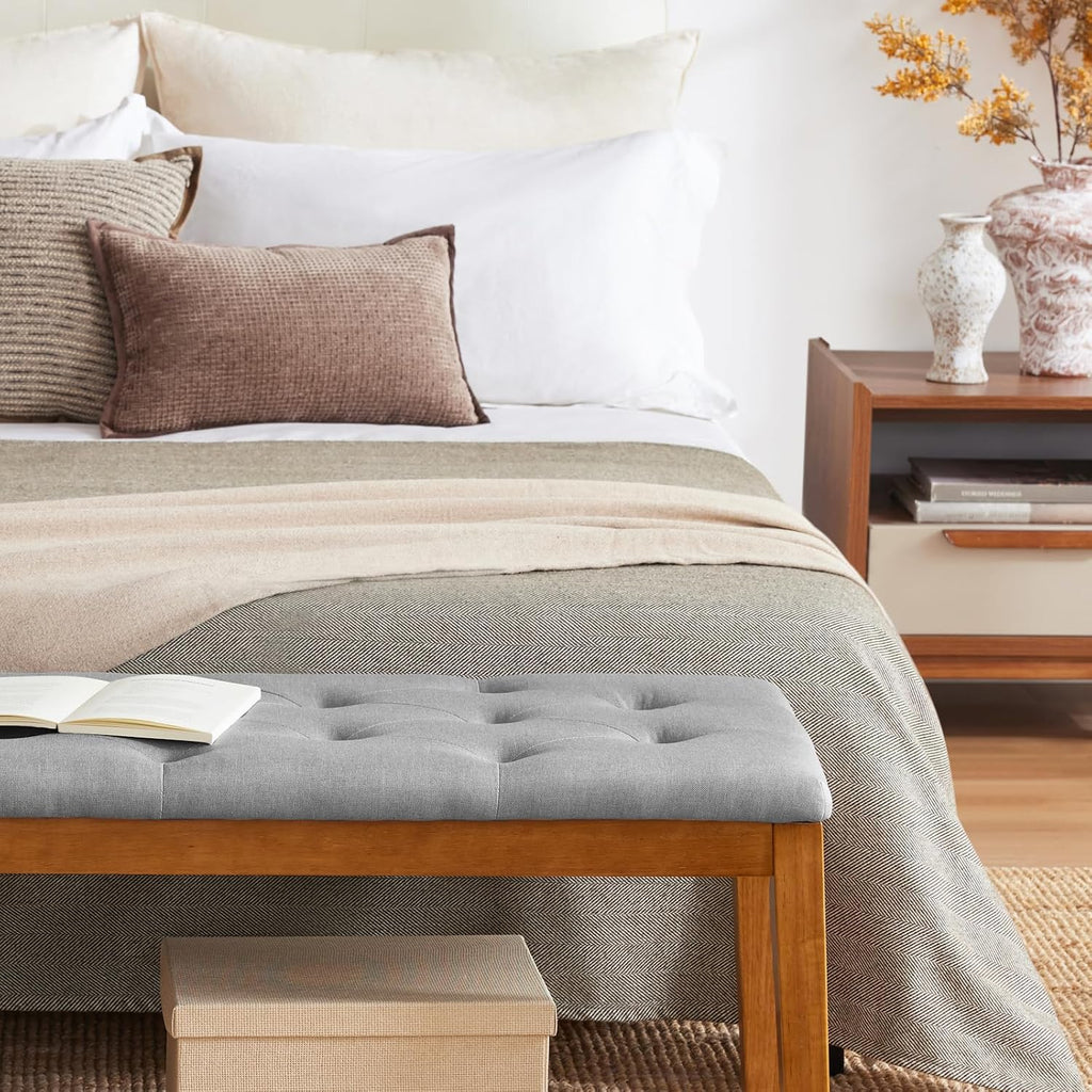 Ottoman Bench Upholstered Padded Seat with Solid Wood Legs and Button-Tufted, Big Oversized Ottoman, Linen Grey