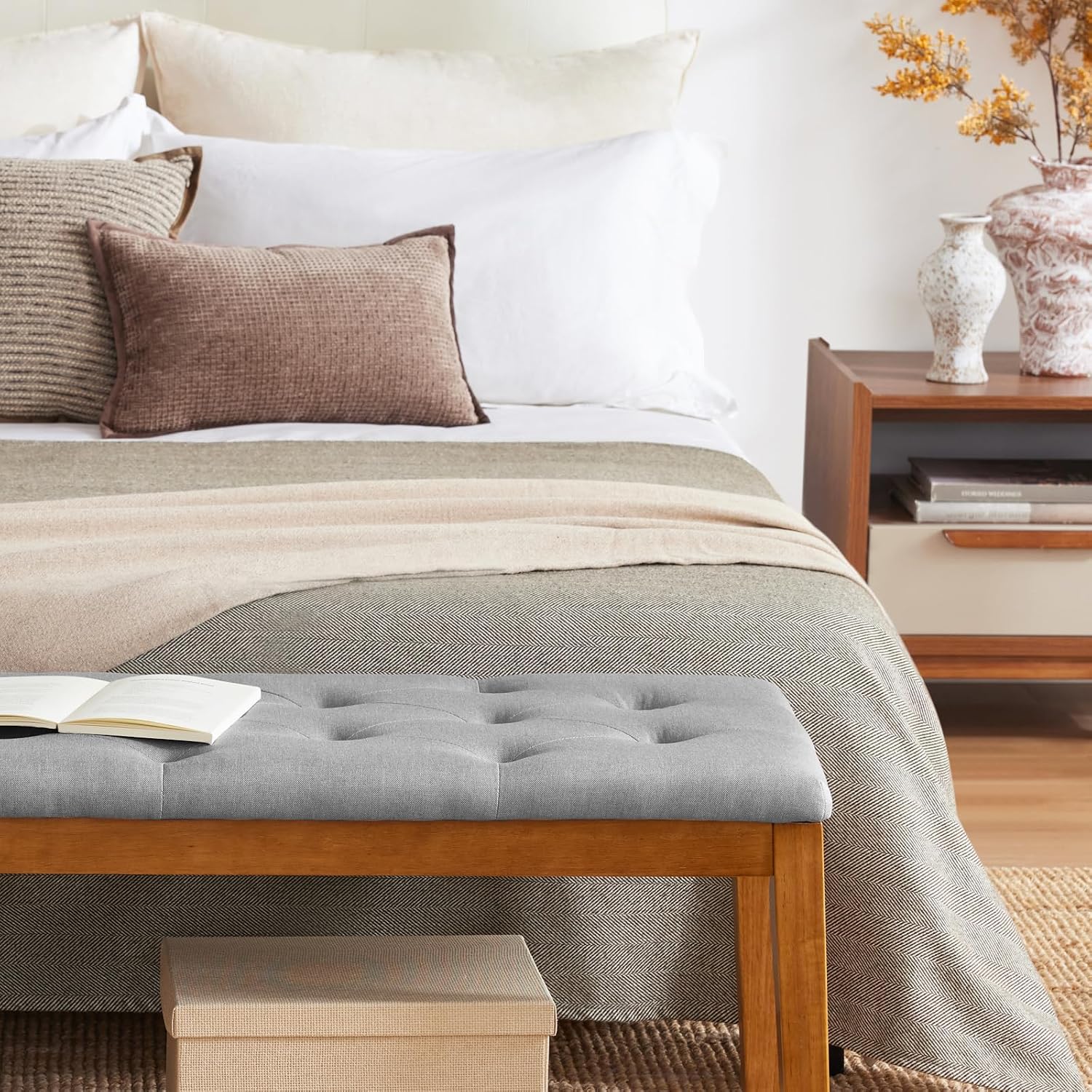 Ottoman Bench Upholstered Padded Seat with Solid Wood Legs and Button-Tufted, Big Oversized Ottoman, Linen Grey