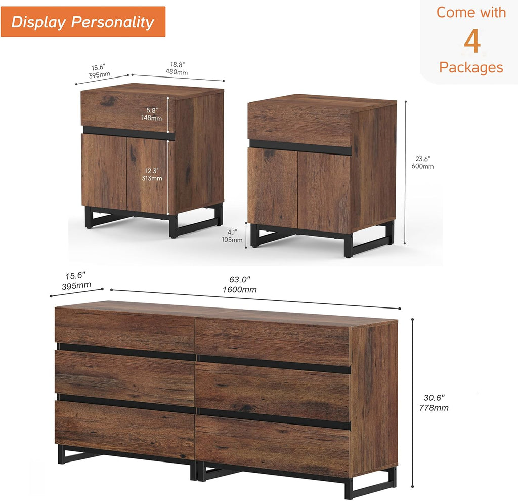 WAMPAT 3-Piece Modern Bedroom Furniture Set, 63-Inch Dresser with 6 Drawers and 2 Nightstands Featuring Drawer and Cabinet Design, Bedroom Set of 3, Brown