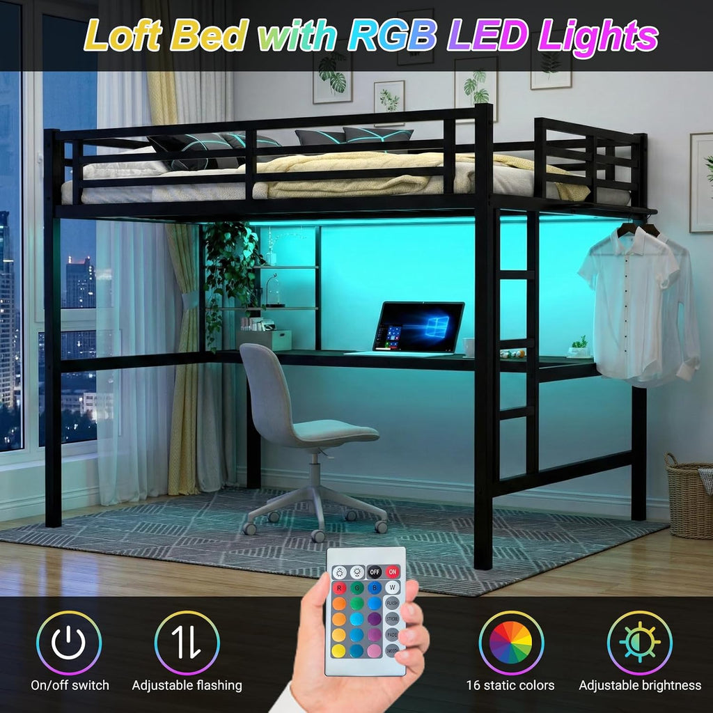 Full Size Metal Loft Bed with Desk, LED Lights & USB Charging Station, Sturdy Noise-Free High Loft Bed Frame with Safety Guardrails, Space-Saving Loft Bedframe for Adults, Kids, Teens, Black (Full)