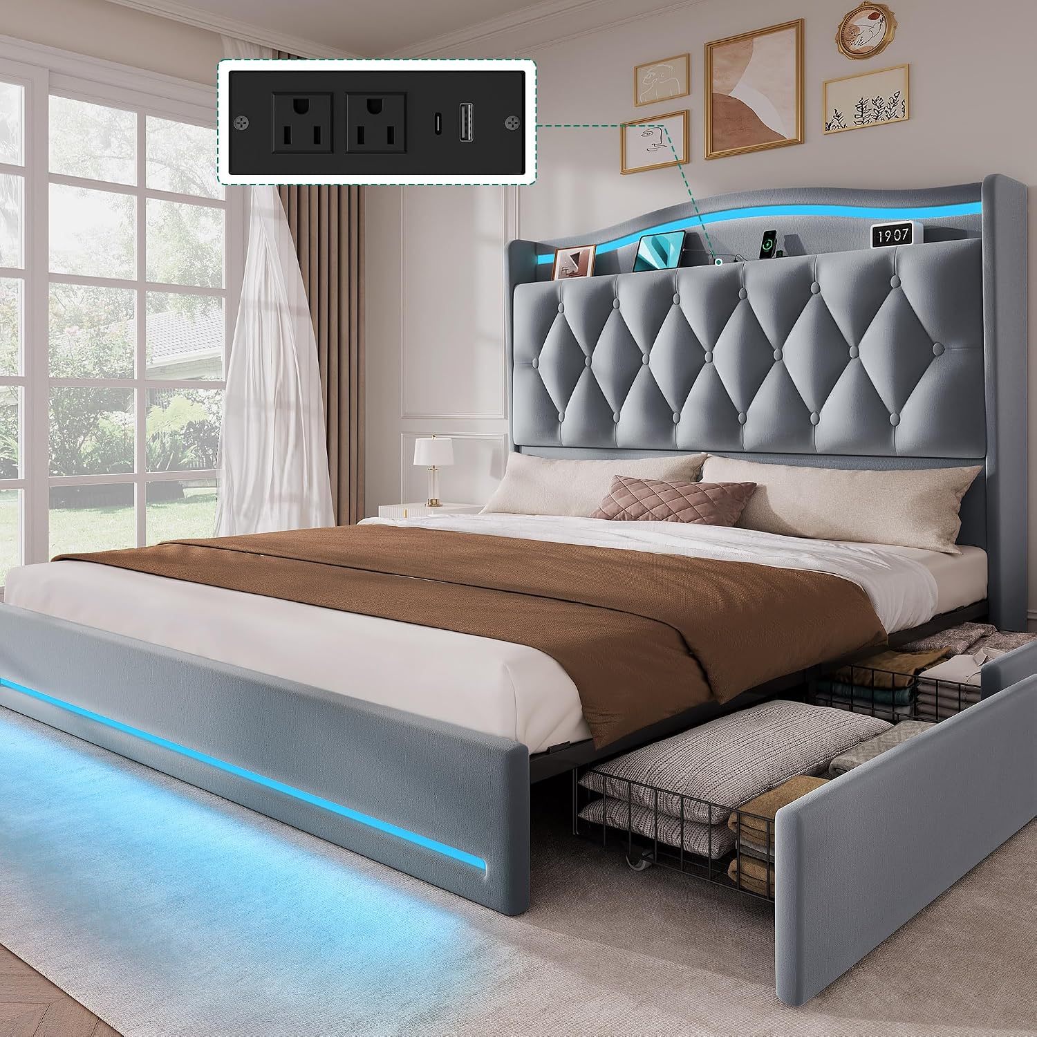 DWVO Queen Size Bed Frame with 4 Storage Drawers and RGB LED Lights, 57'' Tall Headboard Velvet Upholstered Bed with Charging Station, No Box Spring Needed, Easy Assembly, Noise-Free, Grey
