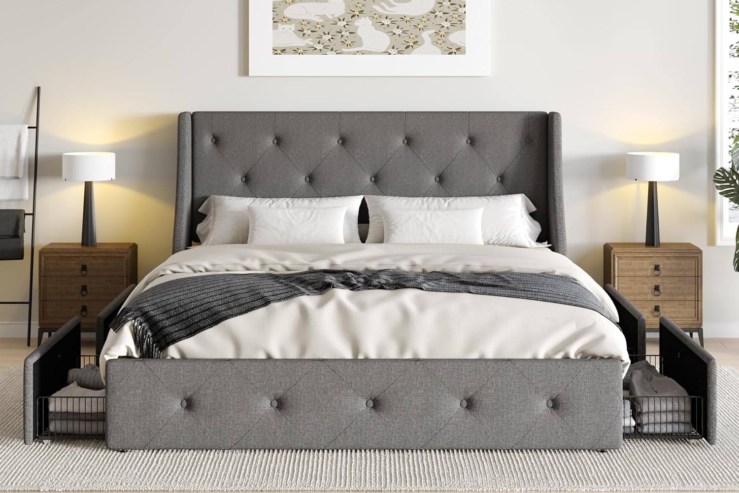SHA CERLIN Upholstered Queen Size Platform Bed Frame with 4 Storage Drawers and Wingback Headboard, Diamond Stitched Button Tufted Design, No Box Spring Needed, Light Grey