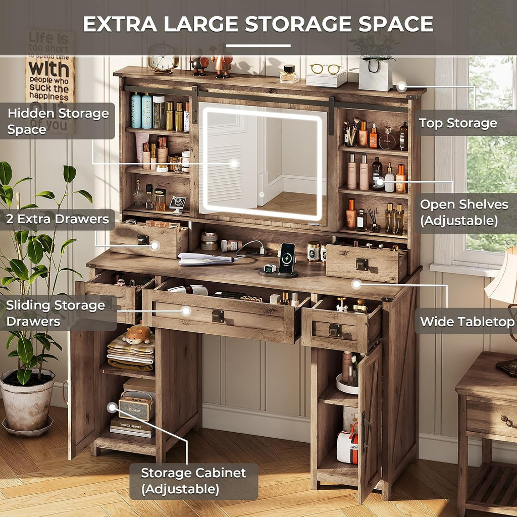 MSmask Makeup Vanity Desk with Lights, 47.2' Farmhouse Vanity Table with Sliding Mirror & Charging Station, Large Makeup Desk with 5 Drawers & 2 Cabinets, Rustic Oak