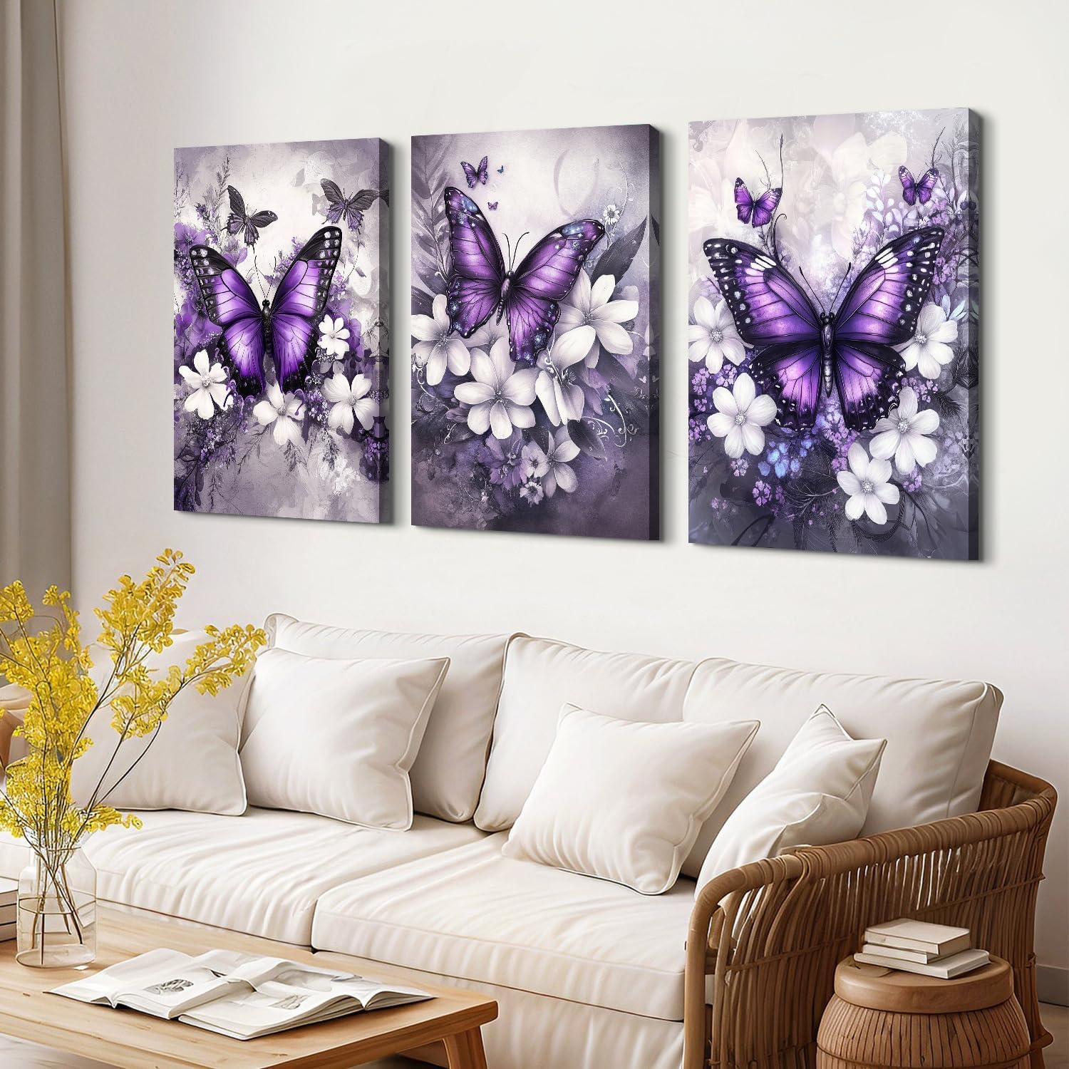 Vintage Floral Wall Art Purple Butterfly Flower Wall Decor Nature Blossom Botanical Pictures Farmhouse Wildflower Canvas Prints Painting Artwork for Bedroom Living Room Home Decoration 24x36' 3Pcs