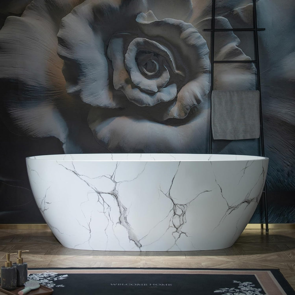 WOODBRIDGE 63' Marble-Pattern Stone Resin Freestanding Soaking Tub, Modern Oval Solid Surface Bathtub with Integrated Slotted Overflow & Drain, Matte Finish, CST0744